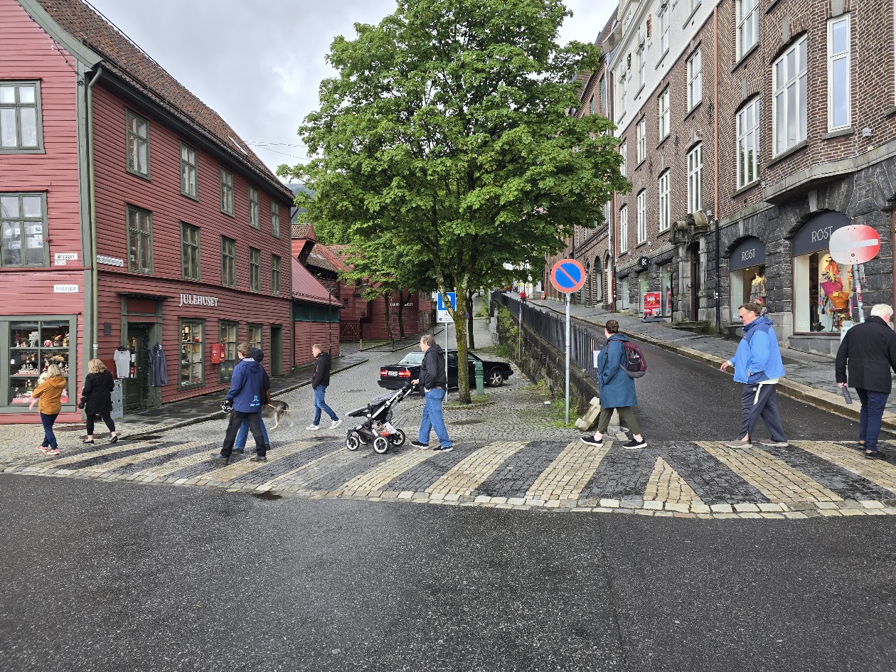 Street where the family is walking in Bryggen by the Julehuset (Christmas House in Norwegian)